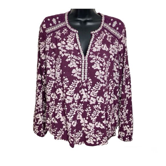 Lucky Brand Top Womens M Long Sleeve Shirt Floral Embroidered V Neck Peasant - Picture 1 of 10